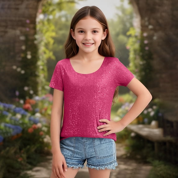 RRMuAzgs Girls Sequin Tops Sparkly Glitter Short Sleeve Round Neck T-shirt Kids Summer Birthday Party Tops