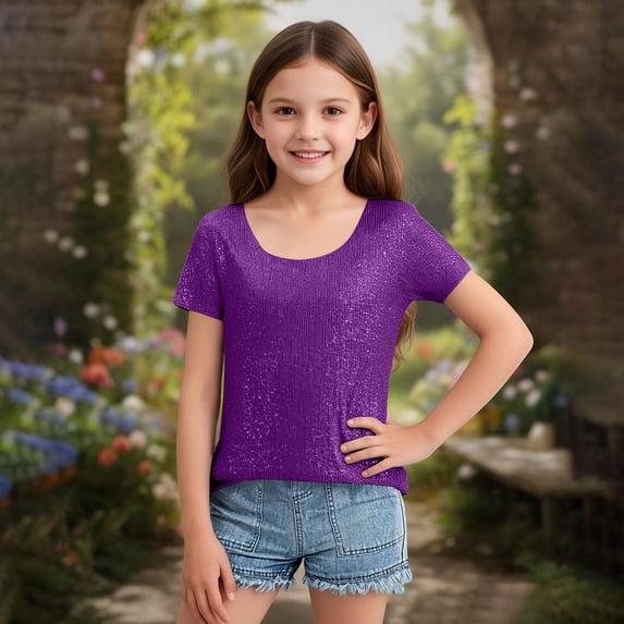 RRMuAzgs Girls Sequin Tops Sparkly Glitter Short Sleeve Round Neck T-shirt Kids Summer Birthday Party Tops