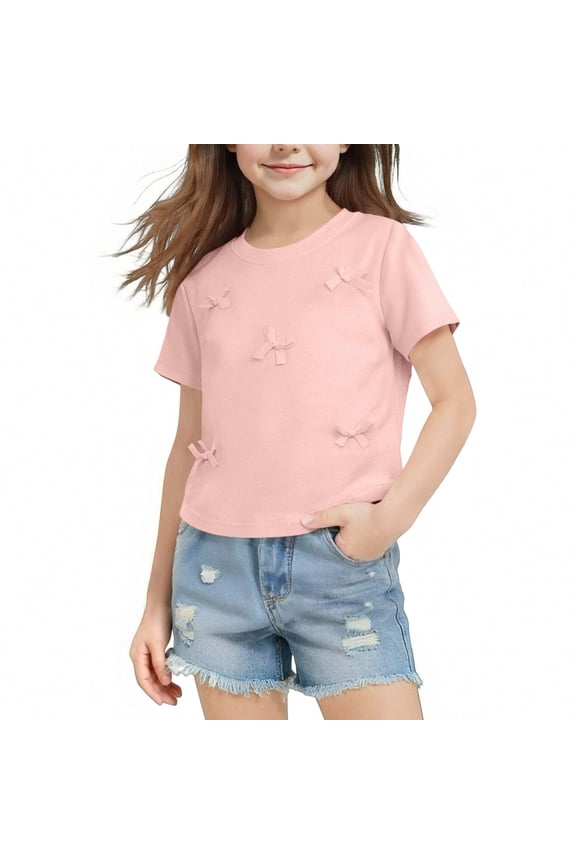Girls Short Sleeve Cute Tee Solid Color Small Bowknot Crewneck T-shirts Kid Casual Summer Tops (Age 1-10 Y)