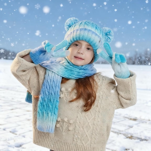 RRMuAzgs Kids Winter Hat Gloves Scarf Set, Gradient Color Knit Warm Cap Gloves Scarf Set for Boys Girls