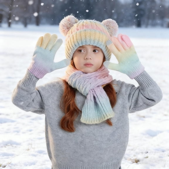 RRMuAzgs Kids Winter Hat Gloves Scarf Set, Gradient Color Knit Warm Cap Gloves Scarf Set for Boys Girls