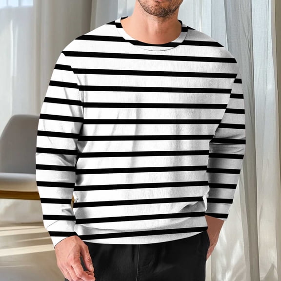 RRMuAzgs Men's Casual Striped Shirts Loose Fit Crewneck Sweatshirts Lightweight Long Sleeve Basic T-Shirt Daily Work Stripe Tee Tops