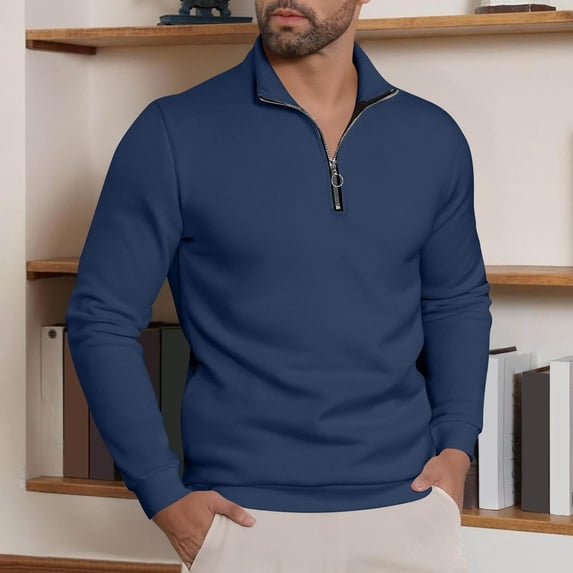 RRMuAzgs Men's Quarter Zip Up Pullover Long Sleeve Casual Sweatshirt Lightweight Stand Up Collar Solid Color Sweaters