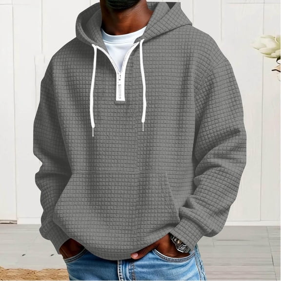 RRMuAzgs Mens Casual Hoodies Long Sleeve Drawstring Quarter Zip Pullover Sweatshirts Solid Color Round Neck Hooded Sweaters