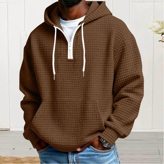 RRMuAzgs Mens Casual Hoodies Long Sleeve Drawstring Quarter Zip Pullover Sweatshirts Solid Color Round Neck Hooded Sweaters