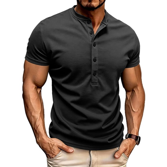 RRMuAzgs Mens Tshirts Half Button Down Short Sleeve Pullover Shirts Solid Color Round Neck Casual Pocket Tops