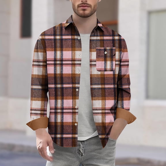 RRMuAzgs Mens Turndown Collar Shirts Long Sleeve Lightweight Plaid Shirt Casual Button Down Pockets Blouse Tops