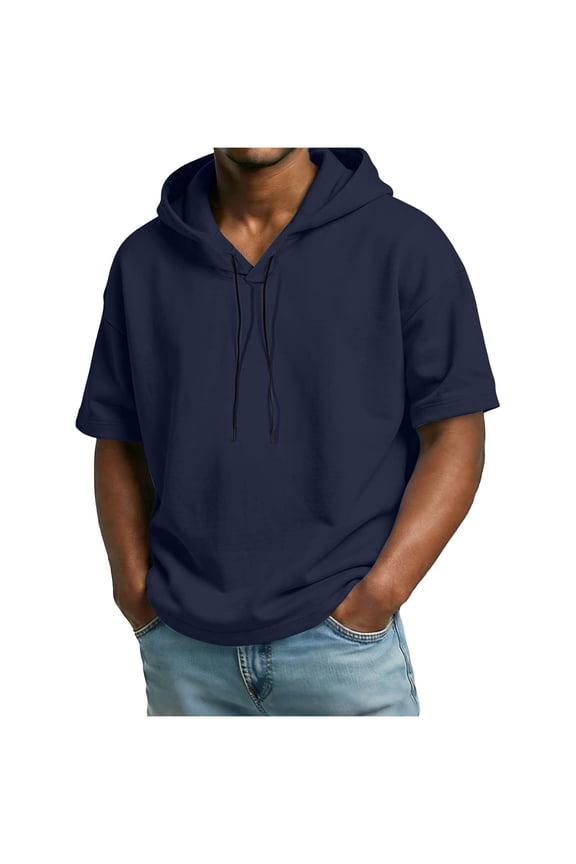 Mens Pullover Hoodie with Drawstring Workout Shirts for Men Hooded Short Sleeve Sweatshirts