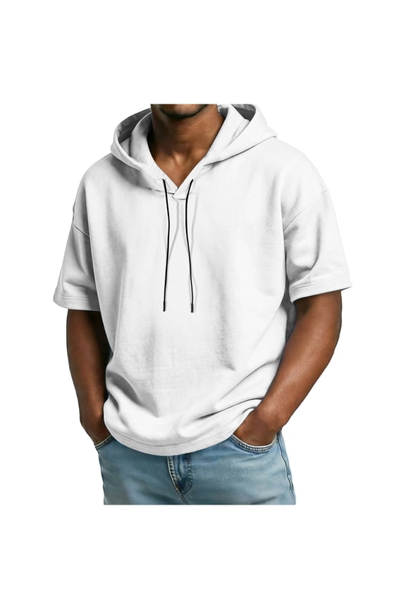 Short Sleeve Hoodie for Men Round Neck Drawstring Summer Hooded Sweatshirts Lightweight Casual Breathable Tops