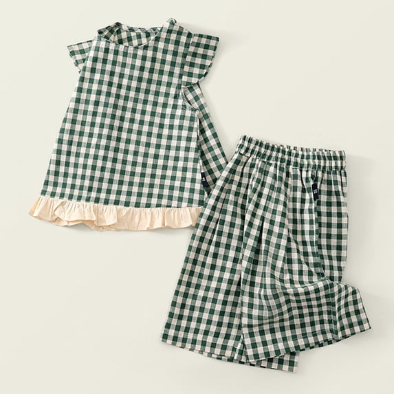 RRMuAzgs Toddler Girl Clothes Ruffle Short Sleeve Top with Wide Leg Cropped Pants Cute Plaid Girls Summer Outfits