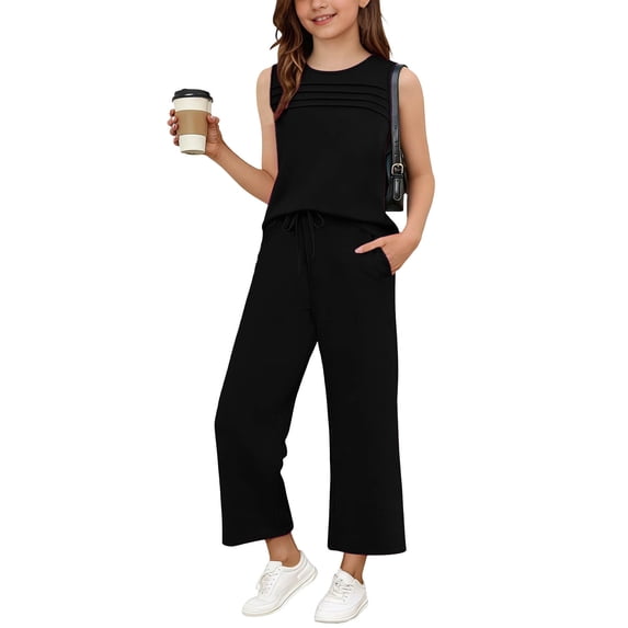 RRMuAzgs Two Piece Sets for Girl Summer Travel Vacation Outfits Kids Sleeveless Tank Top Long Pant Matching Sets