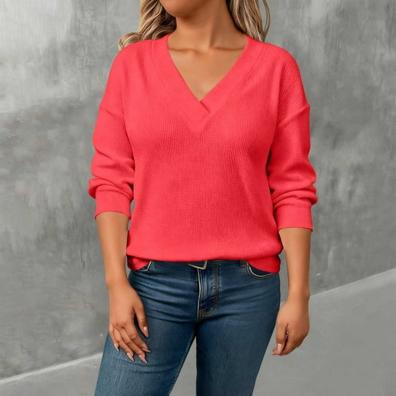 RRMuAzgs V-neck Long Sleeve Shirts for Women Casual Solid Color Pullover Sweatshirt Oversize Tops Womens Sweaters Plus Size
