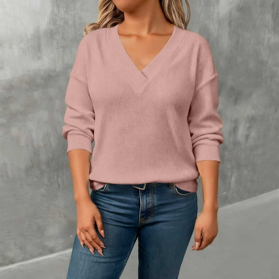 RRMuAzgs V-neck Long Sleeve Shirts for Women Casual Solid Color Pullover Sweatshirt Oversize Tops Womens Sweaters Plus Size