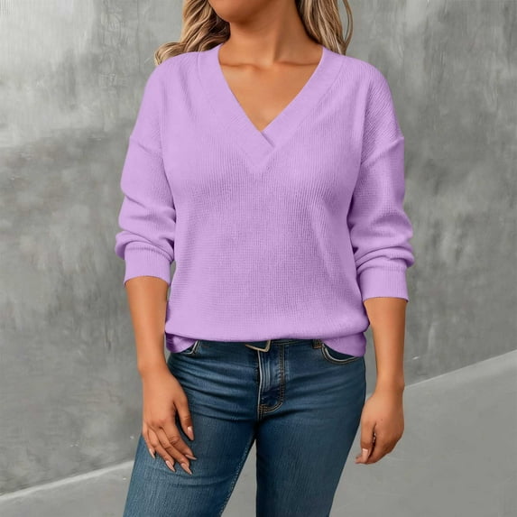 RRMuAzgs V-neck Long Sleeve Shirts for Women Casual Solid Color Pullover Sweatshirt Oversize Tops Womens Sweaters Plus Size
