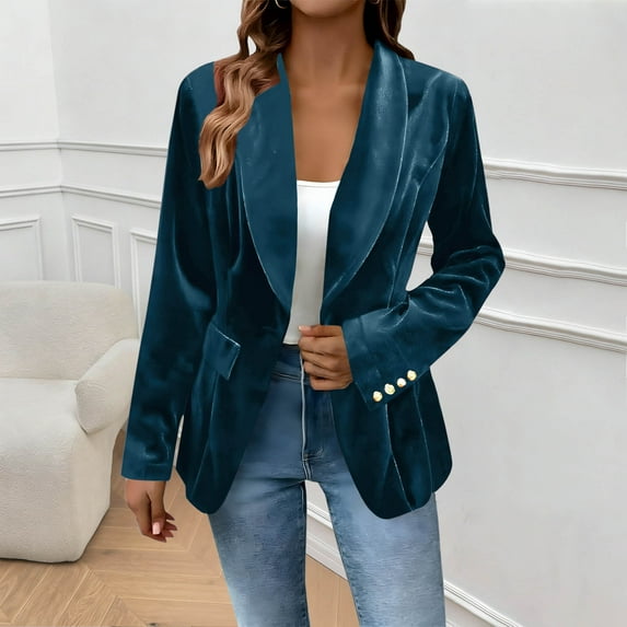 RRMuAzgs Velvet Blazers Jackets for Women Business Casual Long Sleeve 1 Button Suit Jacket Solid Color Work Office Cardigan