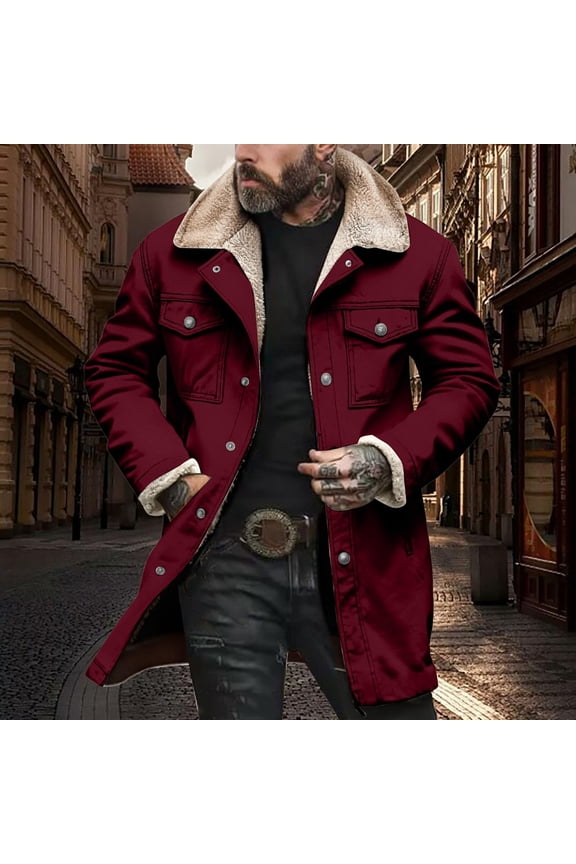 Vintage Jacket for Men Fleece Lined Coats Winter Long Jackets Solid Color Zip Up Casual Tops with Multi Pocket