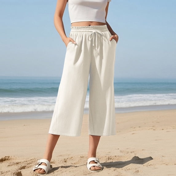RRMuAzgs Wide Leg Linen Pant for Women Elastic Waist Drawstring Women Capri Pants Summer Beach Travel Loose Fit Pant