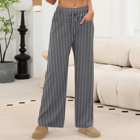 RRMuAzgs Women Casual Drawstring Elastic Waist Pants Loose Wide Leg Striped Pant Sweatpants with Pockets