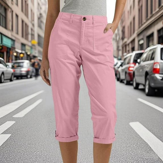 RRMuAzgs Women's Capri Pant Summer Trendy Zipper Front Cargo Pant Casual Button Work Cropped Trousers with Pockets