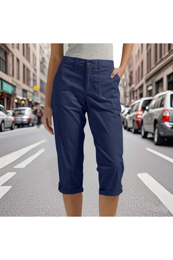 Women's Capri Pant Summer Trendy Zipper Front Cargo Pant Casual Button Work Cropped Trousers with Pockets