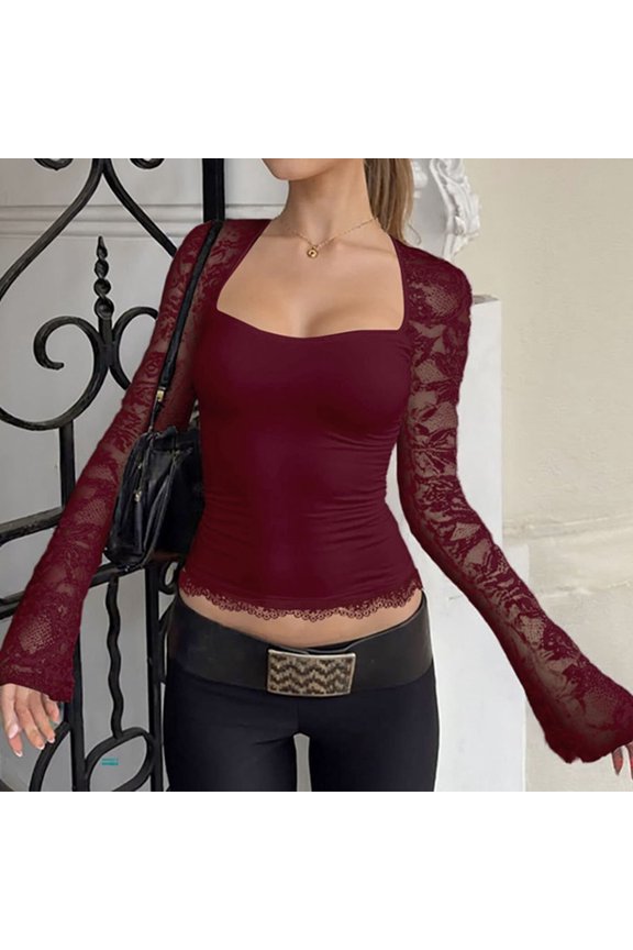 Women's Lace Long Sleeve Tops Slim Fit Square Neck Tees Shirts Spring Summer Going Out Tunic Top