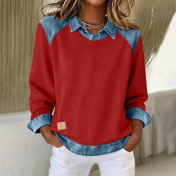 RRMuAzgs Womens Long Sleeve Sweaters Denim Lapel Pullover Sweater Lightweight Casual Sweatshirt Tops