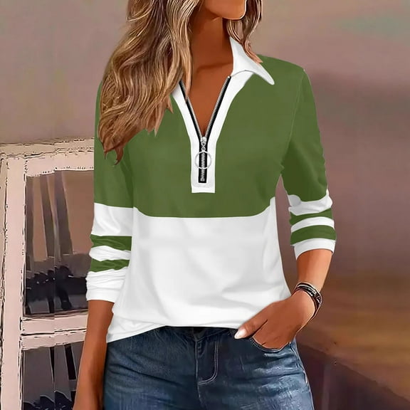 RRMuAzgs Womens Sweatshirt Slim Fit Half Zip Lapel Pullover Sweaters Lightweight Color Blocked Long Sleeve Tops