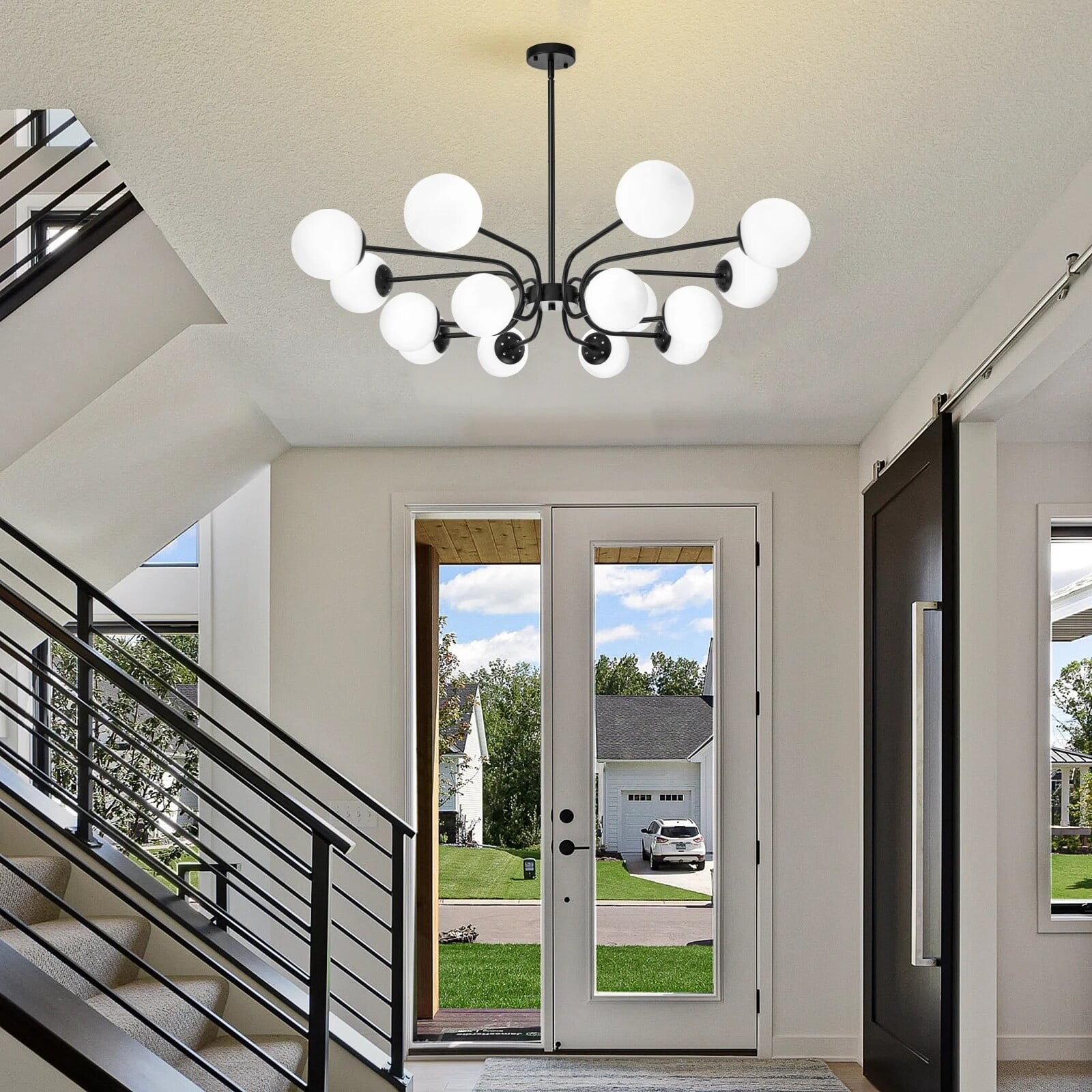 ZXFDWB 6-Light Black Sputnik Chandelier - Modern Mid Century Pendant Light With Milk Glass Globes For Dining Room Or Living Room