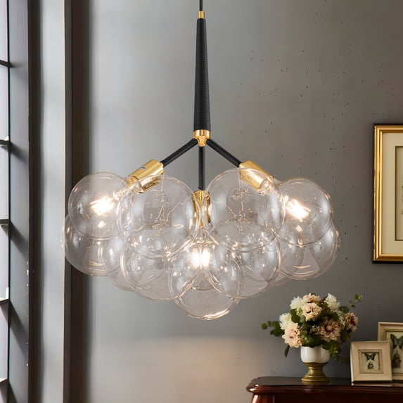 RRTYO 3-Light Modern Glam Sputnik Cluster Glass Globe Bubble Chandelier with 9 Clear Glass Globe Shade Black