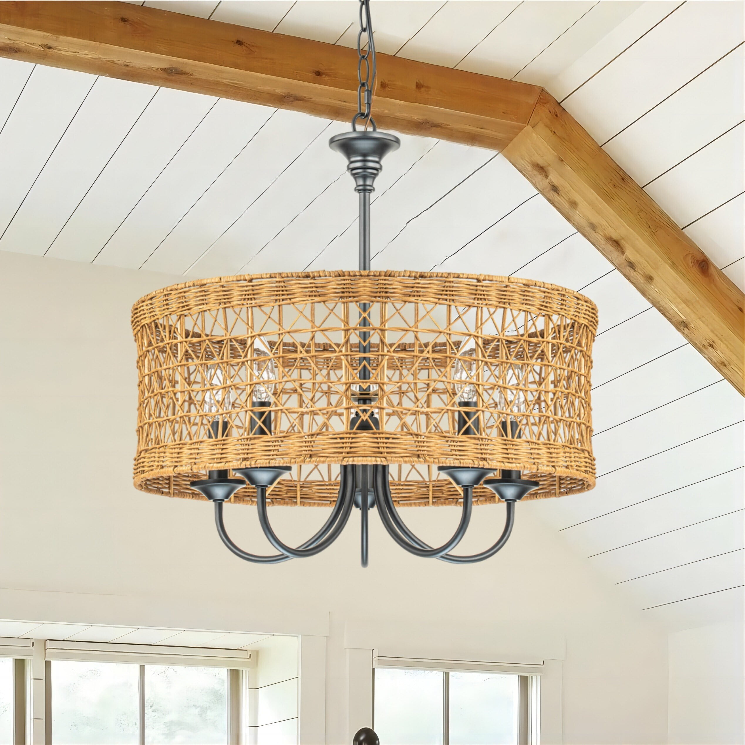 Handwoven Natural Bamboo Rattan Drum Chandelier with Black Metal Frame
