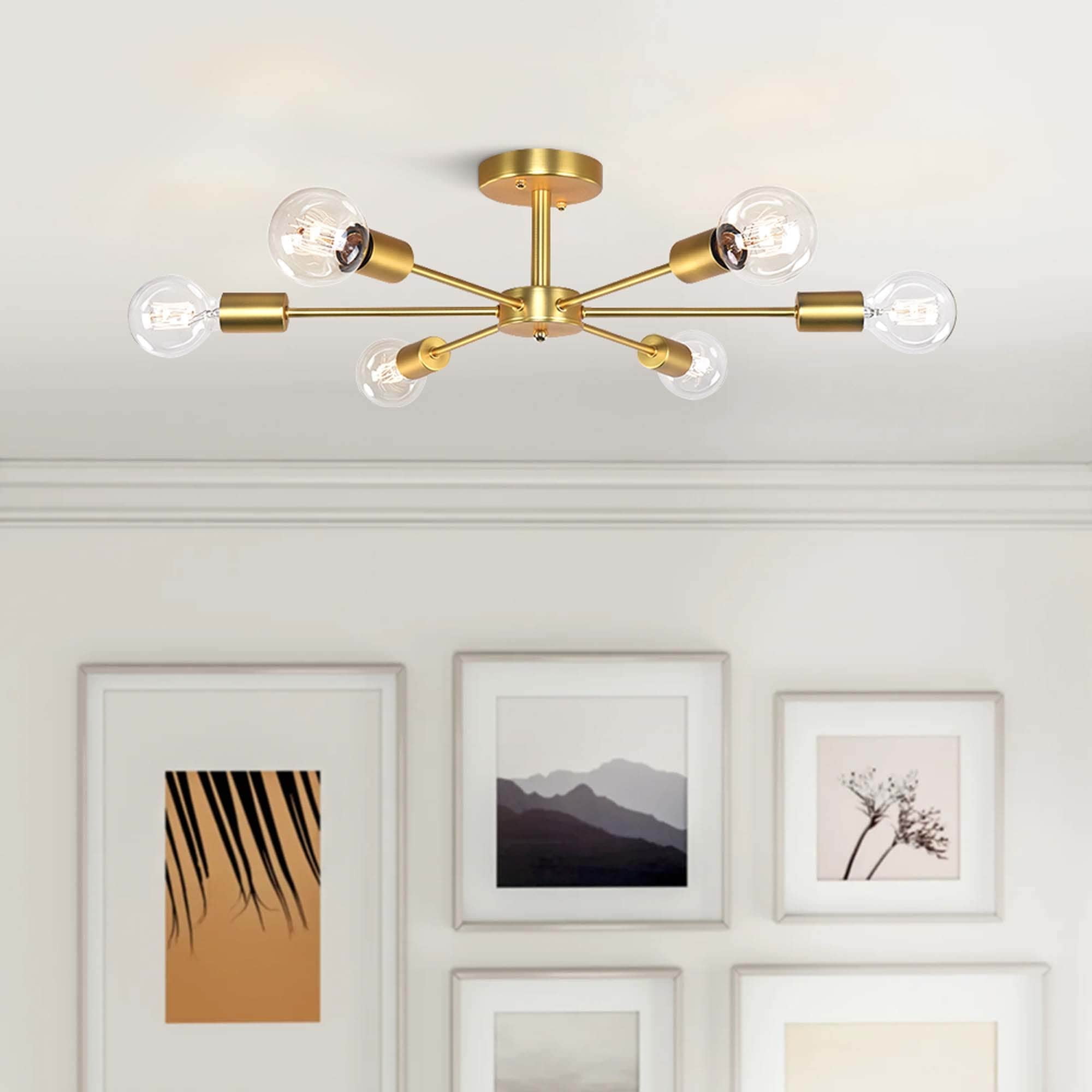 Gold 6-Light Sputnik Semi-Flush Mount Ceiling Fixture