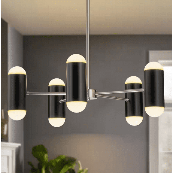 RRTYO Cobina 5-Light Modern Black Polished Nickel Sputnik Cylinder Pendant Dimmable Integrated LED Chandelier for Living Room