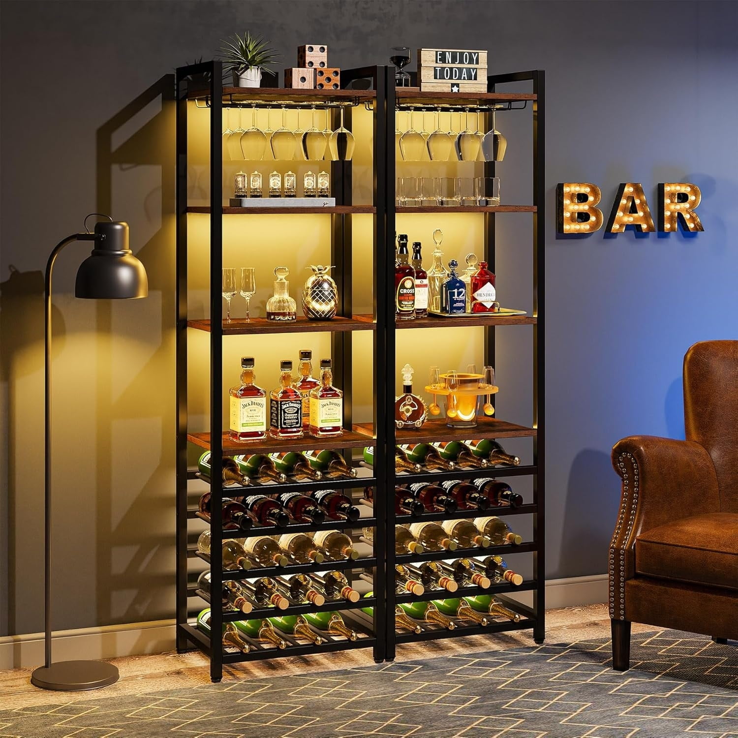 RS 20 Bottle Freestanding Floor Wine Rack 9 Tier Floor Liquor Cabinet with Glass Holder and Storage Shelves Brown Walmart