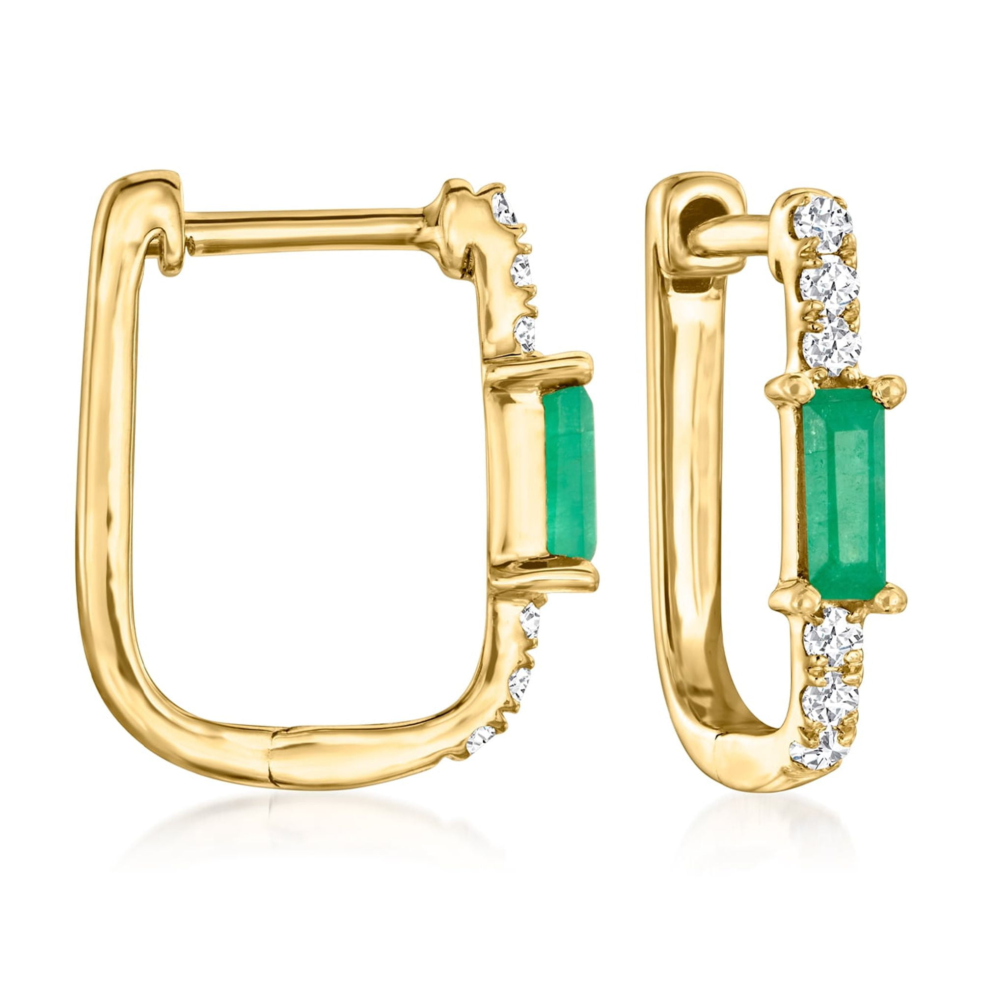RS PURE by Ross-Simons 0.10 ct. t.w. Emerald and .10 ct. t.w. Diamond Paper Clip Link Hoop Earrings in 14kt Yellow Gold, Women's, Adult
