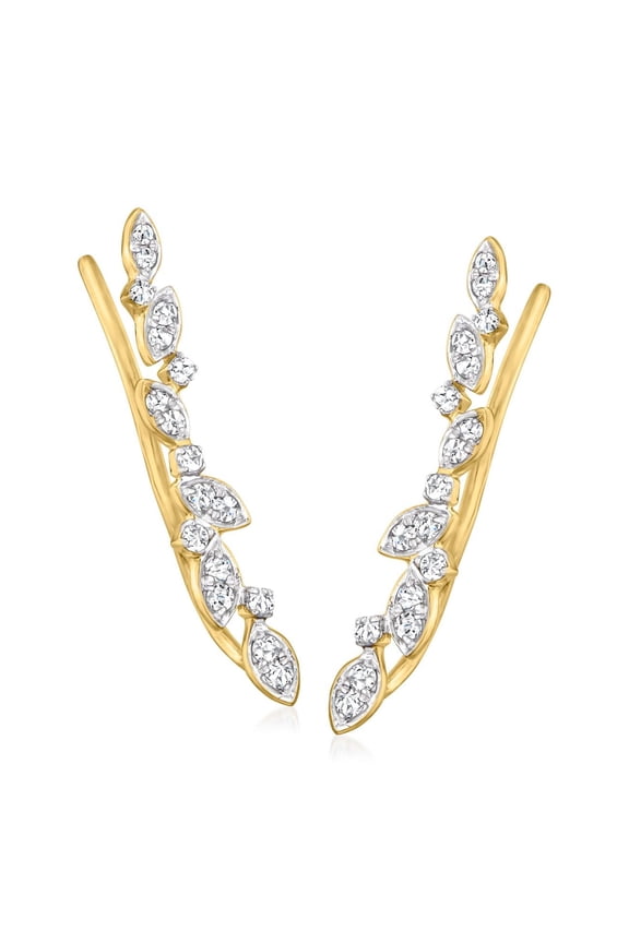 Pure Collection by Ross-Simons 0.20 ct. t.w. Diamond Leaves Ear Climbers in 14kt Yellow Gold, Women's, Adult