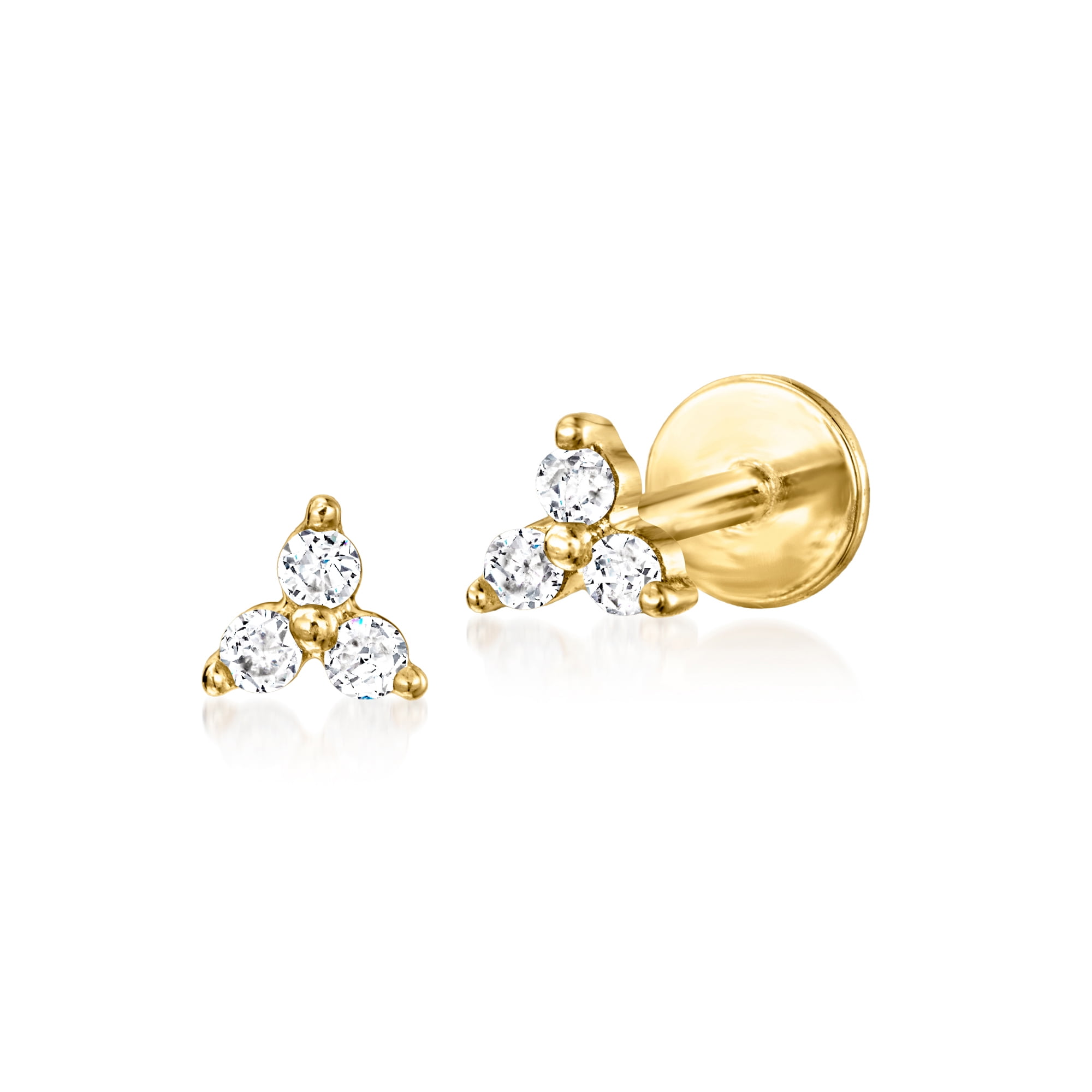RS Pure by Ross-Simons Diamond-Accented 3-Stone Flat-Back Stud Earrings in 14kt Yellow Gold, Women's, Adult