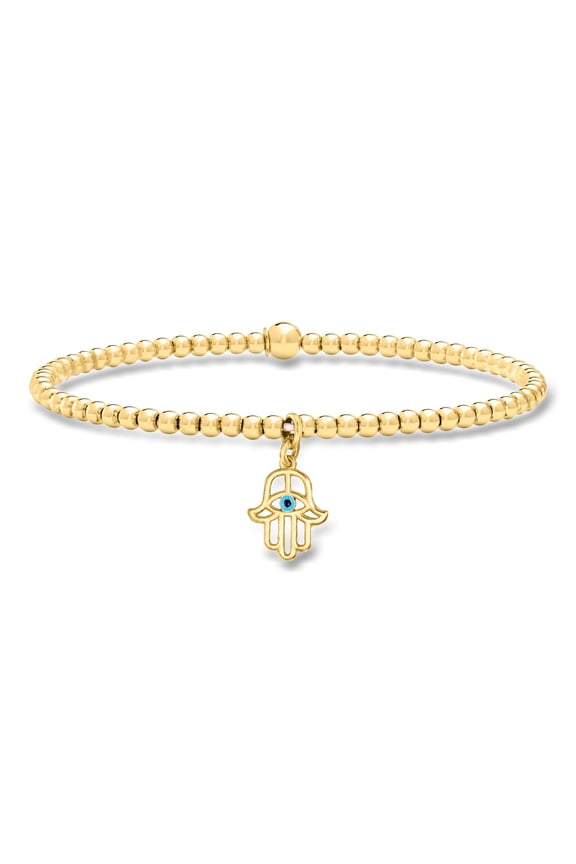 Pure Collection by Ross-Simons Italian 3mm 18kt Gold Vermeil Bead Stretch Bracelet With Enamel Hamsa Charm, Women's, Adult