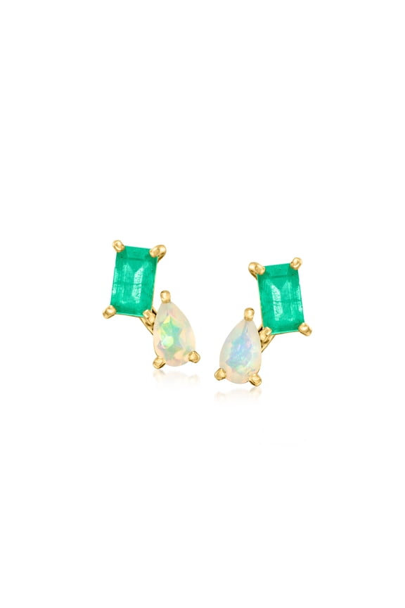 Pure Collection by Ross-Simons Opal and .40 ct. t.w. Emerald Toi Et Moi Earrings in 14kt Yellow Gold, Women's, Adult