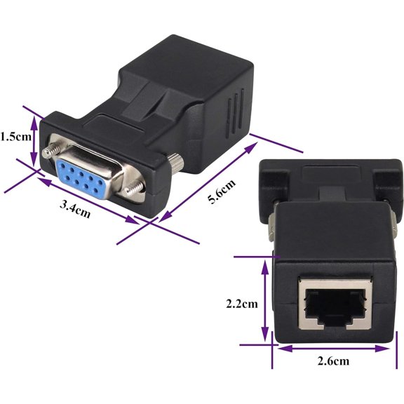 -RS232 DB9 to RJ45 Serial Port Extender Adapter, 9-Pin Female COM Port to Ethernet Connector for Long Distance Data Transmission over Cat5/Cat6, Compatible with PC, Printer, and Projector, 2-Pack