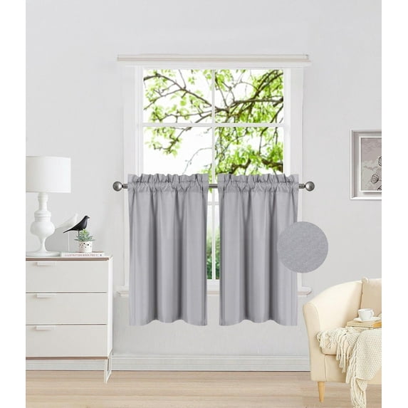 RS5 1-Set Silver Rod Pocket Silky Window Curtain Lined Blackout, Two (2) Panels 30"X 36" Each
