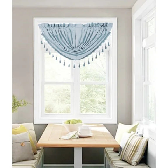 Gorgeous Home Linen (RS8) 1-Piece Slate Blue Beaded Blackout Waterfall Valance for Restaurants, Brunch Spots & Home Décor (48"x38")