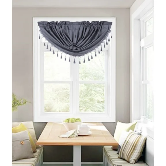 Gorgeous Home Linen (RS8) 1-Piece Gray Charcoal Beaded Blackout Waterfall Valance for Restaurants, Brunch Spots & Home Décor (48"x38")