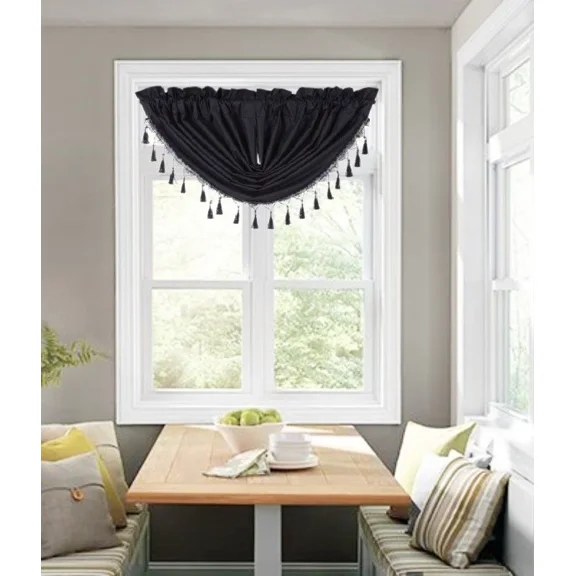 Gorgeous Home Linen (RS8) 1-Piece Black Beaded Blackout Waterfall Valance for Restaurants, Brunch Spots & Home Décor (48"x38")