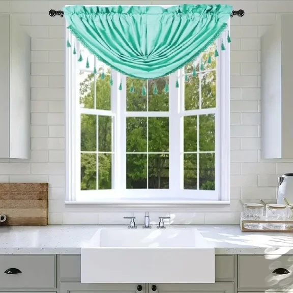 RS8 Microfiber 1 PC Blackout Window Valance Green Mint Elegance with Decorative Beads