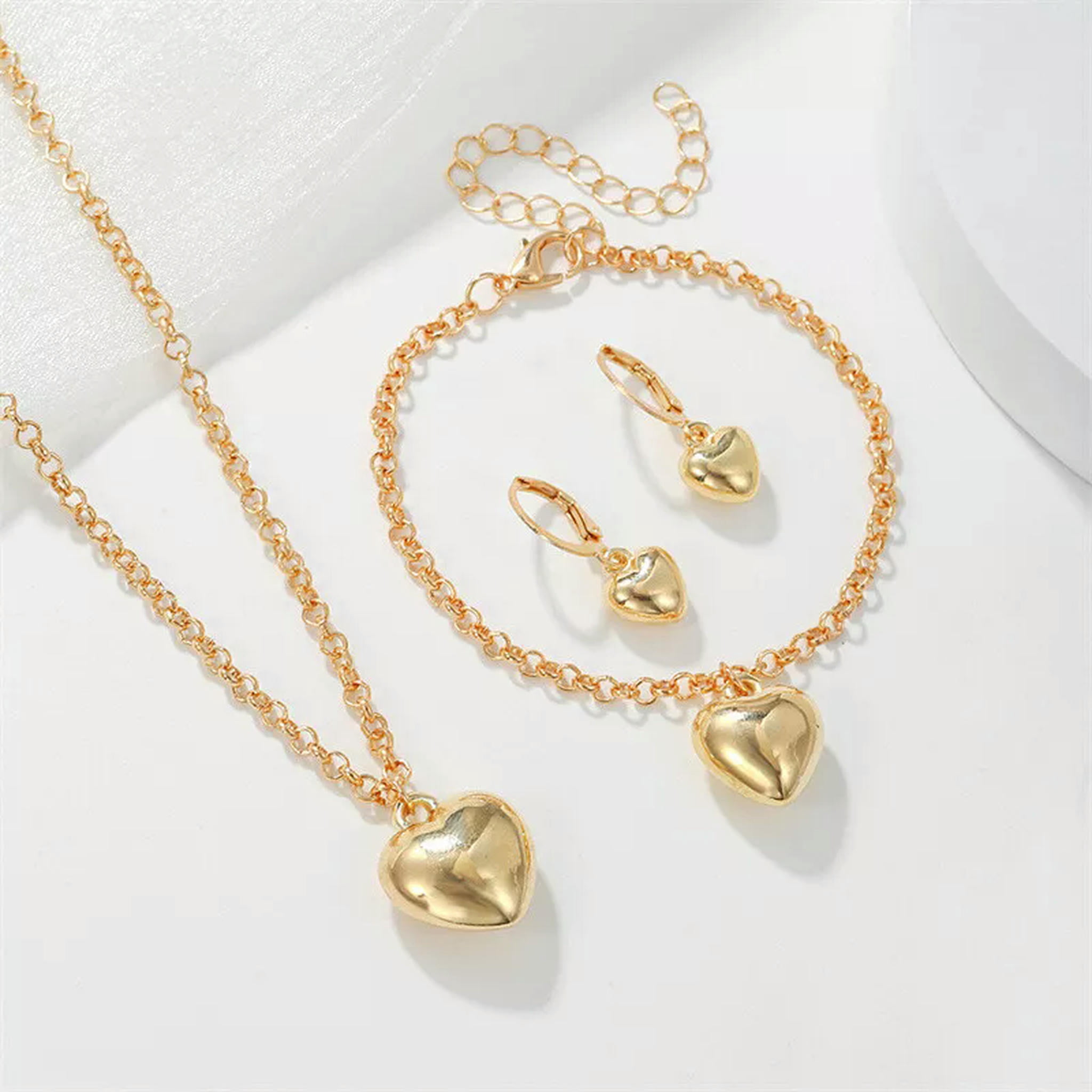 Set De Bijoux Simple Cœur Doré - Collier, Boucles D'oreilles Et Bracelet Assortis - Style Fashion