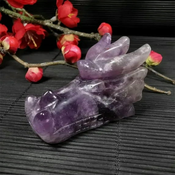 RSAMD 2" Natural Gemstone Quartz Crystal Jade Carved Dragon Head Skull Reiki Healing-Amethyst