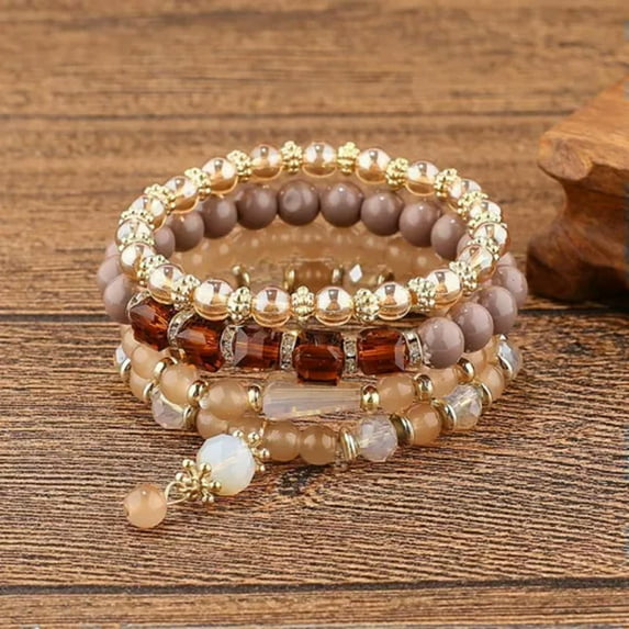 RSAMD 8pcs/Set Women Multi-layer Stretch Beads Natural Stone Tassel Bracelet Bangle-4pcs Brown Beads