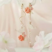 RSAMD 925 Silver Rose Flower Tassel Crystal Earrings Drop Dangle Women Wedding Jewelry-Pink Flower Cat