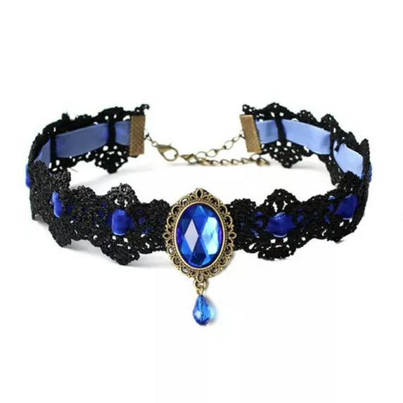 RSAMD Black Lace Necklace Collar Choker Velvet Crystal Vintage Gothic Chain Pendan.sh-Dark blue