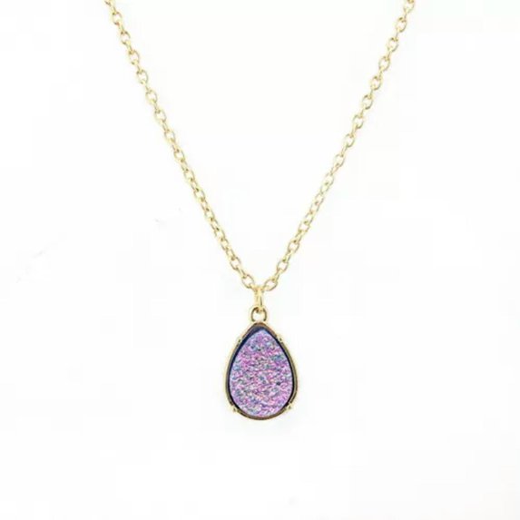 RSAMD Druzy Quartz Drusy Teardrop Pendant Long Necklace for Women Custom Jewelry-Gold Purple